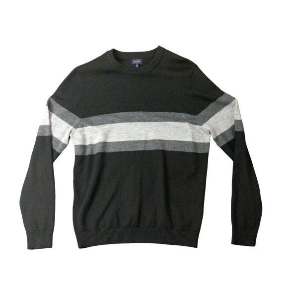 GOOD MAN REVOLVE Mens Sweater SZ L 100% Extra Fine Merino Wool Stripe Black Gray - Picture 1 of 9